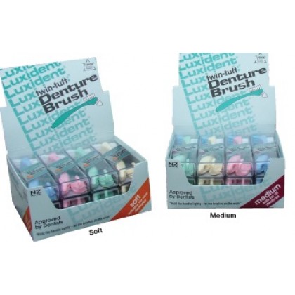 Luxident Twin‐Tuft Denture Brushes - Mixed Colours - 12pc - MEDIUM 413